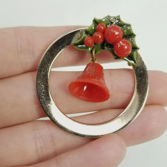 Vintage Christmas Bells Jewelry Set, Brooch Clip On Earrings, Red Green Holiday - Picture 7 of 8
